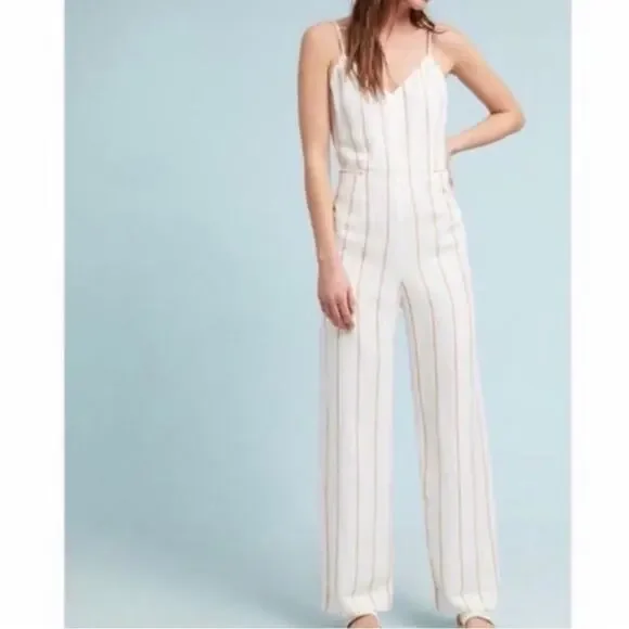 Anthropologie Essential Striped Jumpsuit Rayon Linen Lined Sz 8 - Picture 12 of 13